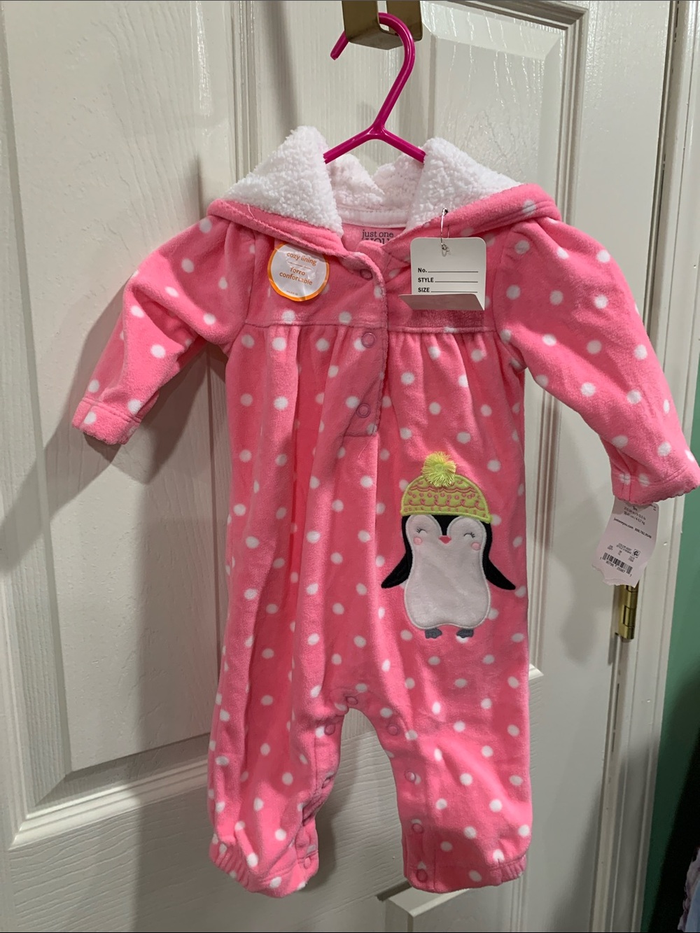 Carter's Pink Polka Dot Penguin Hooded Fleece One-Piece